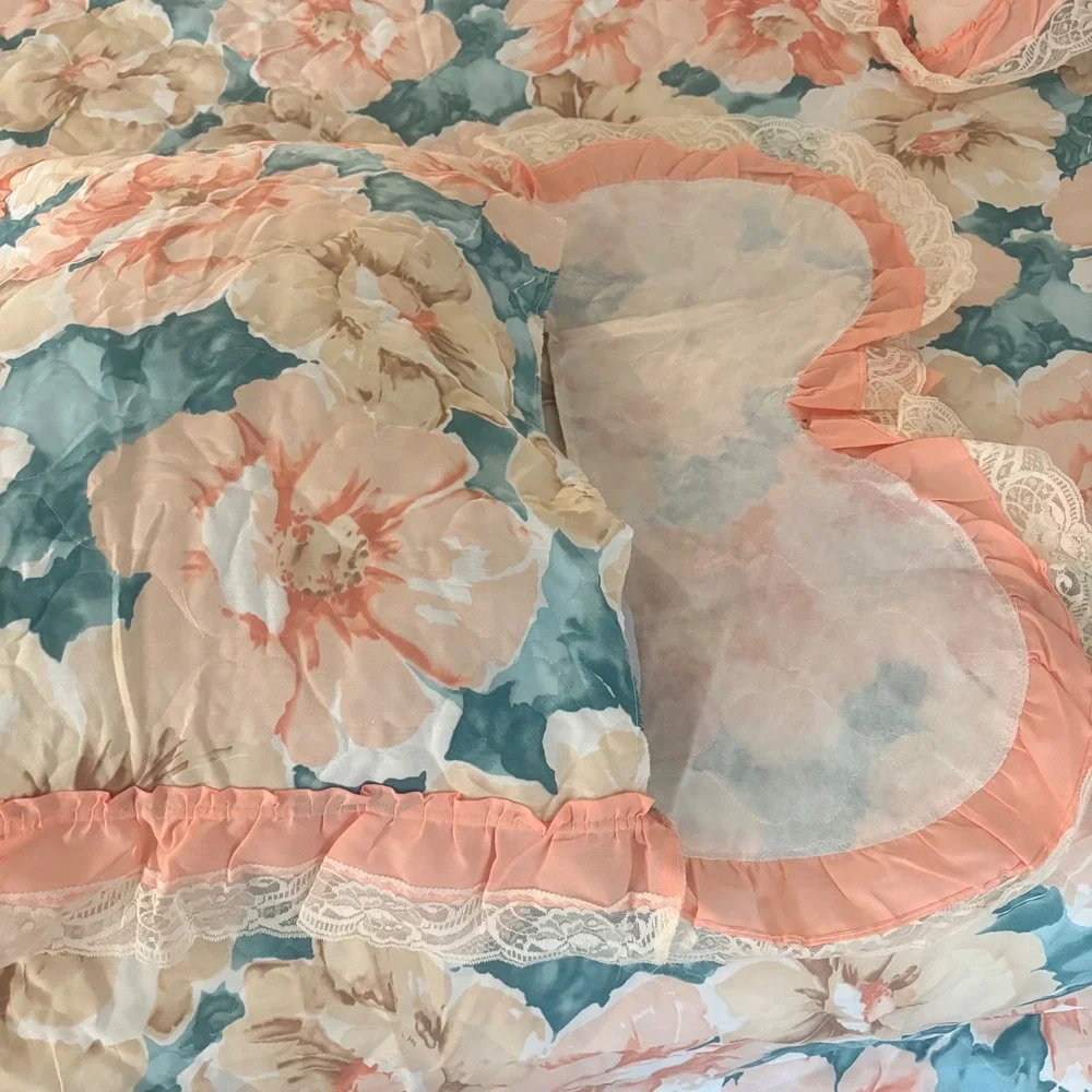 Vintage 80s Oxford Drapery Floral Ruffled King Bedspread Lace Trim 3pc Set